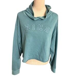 Nike Womens XL Spellout Hoodie Cropped Jumper Blue Pullover Sweatshirt